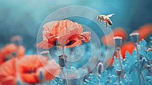 Generative AI Red poppy flower in a blooming blue field and a bee in nature closeup macro Soft selective focus bus