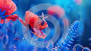 Generative AI Red poppy flower in a blooming blue field and a bee in nature closeup macro Soft selective focus bus