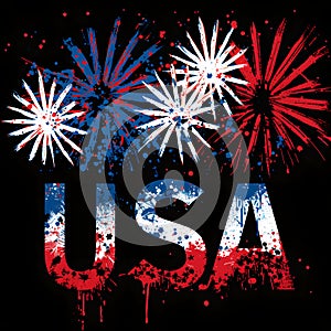 Generative AI. Red, White, and Blue Fireworks on Black Background with the word USA in Flag Colors