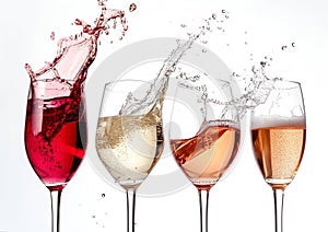 Generative AI Red, white and rose wine glasses and one champagne glass dancing and plash on white background busin photo