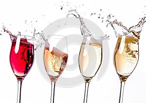 Generative AI Red, white and rose wine glasses and one champagne glass dancing and plash on white background busin photo