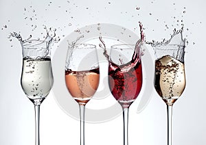 Generative AI Red, white and rose wine glasses and one champagne glass dancing and plash on white background busin photo