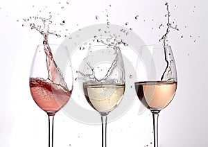 Generative AI Red, white and rose wine glasses and one champagne glass dancing and plash on white background busin photo