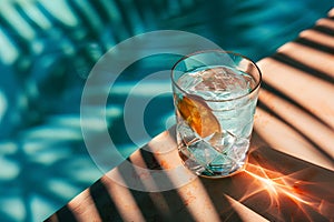 Generative AI. Refreshing Glass of Water With Lemon Slice on a Sunny Day by the Pool in Summer