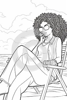 Generative AI Relaxed curly haired young woman lies on stomach at beach sunbathes wears sunglasses bathingsuit hol