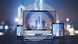 Generative AI Responsive web page layout on computer tablet and smart phone display business concept.