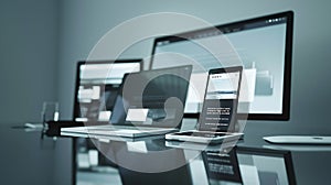 Generative AI Responsive web page layout on computer tablet and smart phone display business concept.