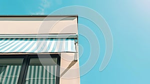 Generative AI retractable awning installed on wall over house window against blue sky banner with copy space busin