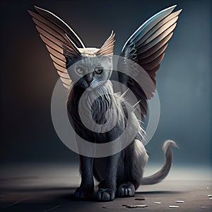 Generative AI: rgray fantasy cat with feathery wings