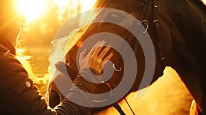 Generative AI The rider strokes the muzzle of a bay horse closeup In the rays of the morning sunrise clouds of ste