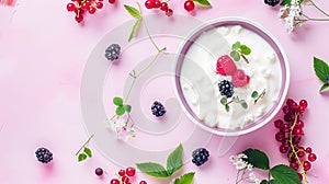 Generative AI Ripe garden blackcurrant organic dairy products currant leaves and clover flowers on pink background