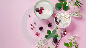 Generative AI Ripe garden blackcurrant organic dairy products currant leaves and clover flowers on pink background