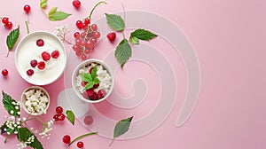 Generative AI Ripe garden blackcurrant organic dairy products currant leaves and clover flowers on pink background