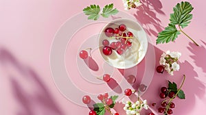 Generative AI Ripe garden blackcurrant organic dairy products currant leaves and clover flowers on pink background