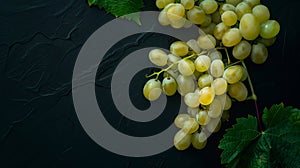 Generative AI Ripe white grapes with leaves on a black background Copy space Flat layTop view business concept.