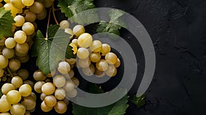 Generative AI Ripe white grapes with leaves on a black background Copy space Flat layTop view business concept.