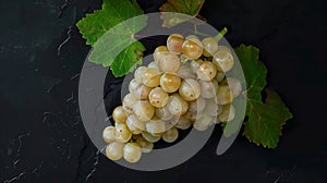 Generative AI Ripe white grapes with leaves on a black background Copy space Flat layTop view business concept.