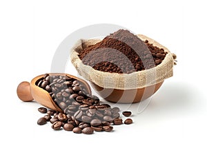 Generative AI Roasted coffee beans in sack bag with coffe powder (ground coffee) in wooden bowl isolated on white