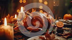 Generative AI Roasted Turkey. Thanksgiving table served with turkey, decorated with bright autumn leaves and candl