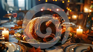 Generative AI Roasted Turkey. Thanksgiving table served with turkey, decorated with bright autumn leaves and candl
