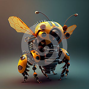 Generative AI, Robot cyborg bee, concept blockchain and technology networks, yellow mechanical insect. Steampunk cyberpunk style,