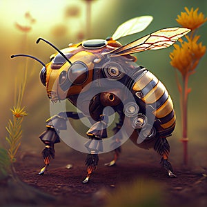 Generative AI, Robot cyborg bee, concept blockchain and technology networks, yellow mechanical insect. Steampunk cyberpunk style,