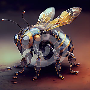 Generative AI, Robot cyborg bee, concept blockchain and technology networks, yellow mechanical insect. Steampunk cyberpunk style,