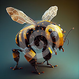 Generative AI, Robot cyborg bee, concept blockchain and technology networks, yellow mechanical insect. Steampunk cyberpunk style,