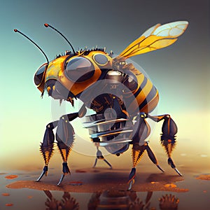 Generative AI, Robot cyborg bee, concept blockchain and technology networks, yellow mechanical insect. Steampunk cyberpunk style,