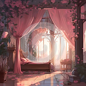 Generative AI: Rococo bedroom with flowers