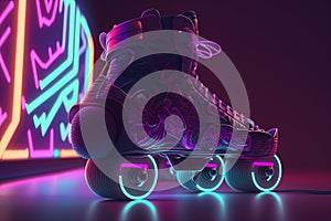 Generative AI, Roller skate in cyberpunk style, disco nostalgic 80s, 90s. Neon night lights vibrant colors, photorealistic