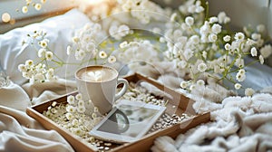 Generative AI Romantic composition with cup of coffee white flowers and ereader with copy space on wooden tray Tem