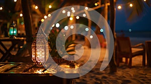Generative AI Romantic night on Indian ocean shore Beach cafe and lighting lanterns Kendwa beach Zanzibar Tanzania
