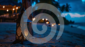 Generative AI Romantic night on Indian ocean shore Beach cafe and lighting lanterns Kendwa beach Zanzibar Tanzania
