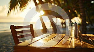 Generative AI Romantic sunset on the shore of a tropical island Cafe on the beach Dinner table business concept.