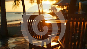 Generative AI Romantic sunset on the shore of a tropical island Cafe on the beach Dinner table business concept.