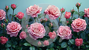 Generative AI Rose flowers on white background with copy space for design, text. Top view of pink roses and rose b