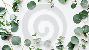 Generative AI Round frame with branches eucalyptus and leaves isolated on white background lay flat top view busin