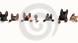 Generative AI Row of the tops of heads of cats and dogs with paws up, peeking over a blank white sign. Sized for w