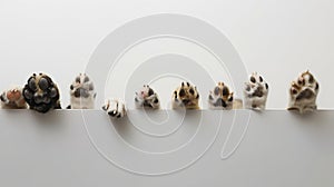 Generative AI Row of the tops of heads of cats and dogs with paws up, peeking over a blank white sign. Sized for w