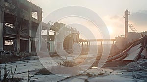 Generative AI Ruined industrial area, abandoned ruins of a plant or factory. Huge vacant lot. Background with copy