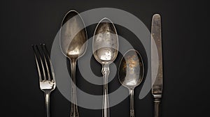 Generative AI Rustic vintage set of cutlery knife, spoon, fork. Black background. Top view business concept.