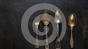 Generative AI Rustic vintage set of cutlery knife, spoon, fork. Black background. Top view business concept.