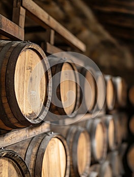 Generative AI Rustic wooden barrels stored in a dark cellar showcasing craftsmanship and aging process for wine or photo
