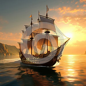 Generative AI Sailing Ship at Sunset