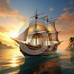 Generative AI Sailing Ship at Sunset