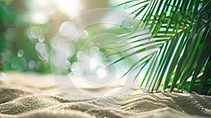 Generative AI Sand with blurred Palm and tropical beach bokeh background Summer vacation and travel concept Copy s