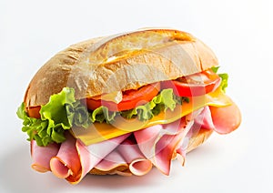 Generative AI Sandwich with ham, cheese and vegetables isolated on a white background business concept.