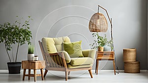 Generative AI Scandinavian living room with green armchair on empty white wall background business concept.