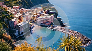 Generative AI Scenic view of colorful village Vernazza and ocean coast in Cinque Terre, Italy business concept.